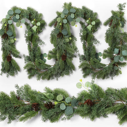 XunYee 6 Feet Christmas Cedar Garland, Realistic Pine Needles Garland with Cones and Eucalyptus Leaves, Artificial Greenery for Mantle, Stair, Doorway, or Xmas Holiday Decoration