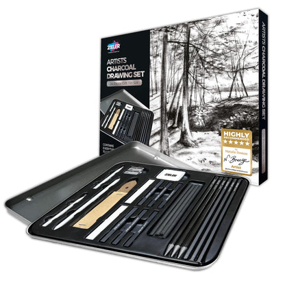 Zieler Artists Charcoal Drawing Set | 24-piece Gift Tin Set | The Ideal Starter Set