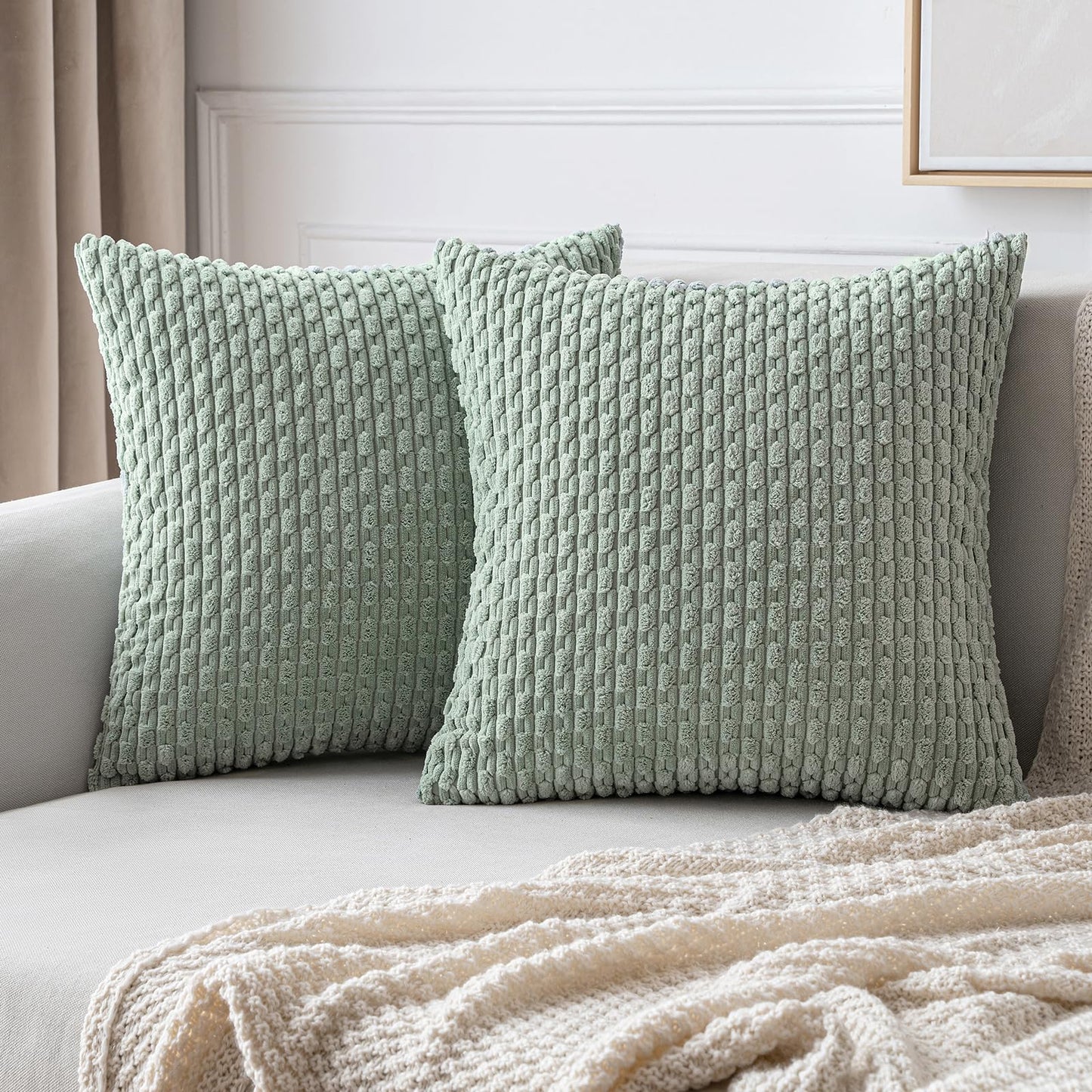 MIULEE Pack of 2 Decorative Throw Pillow Covers 18x18 Inch Soft Boho Striped Textured Corduroy Pillow Covers Modern Farmhouse Home Decor for Couch Bed Sofa Living Room Cream White