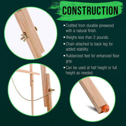 U.S. Art Supply 64" Wooden Easel Stand - Adjustable A-Frame Tripod for Painting, Drawing, Photos & Signs - Lightweight Easels, Wood Easel Stand for Sign Wedding Display 40" Canvas Capacity