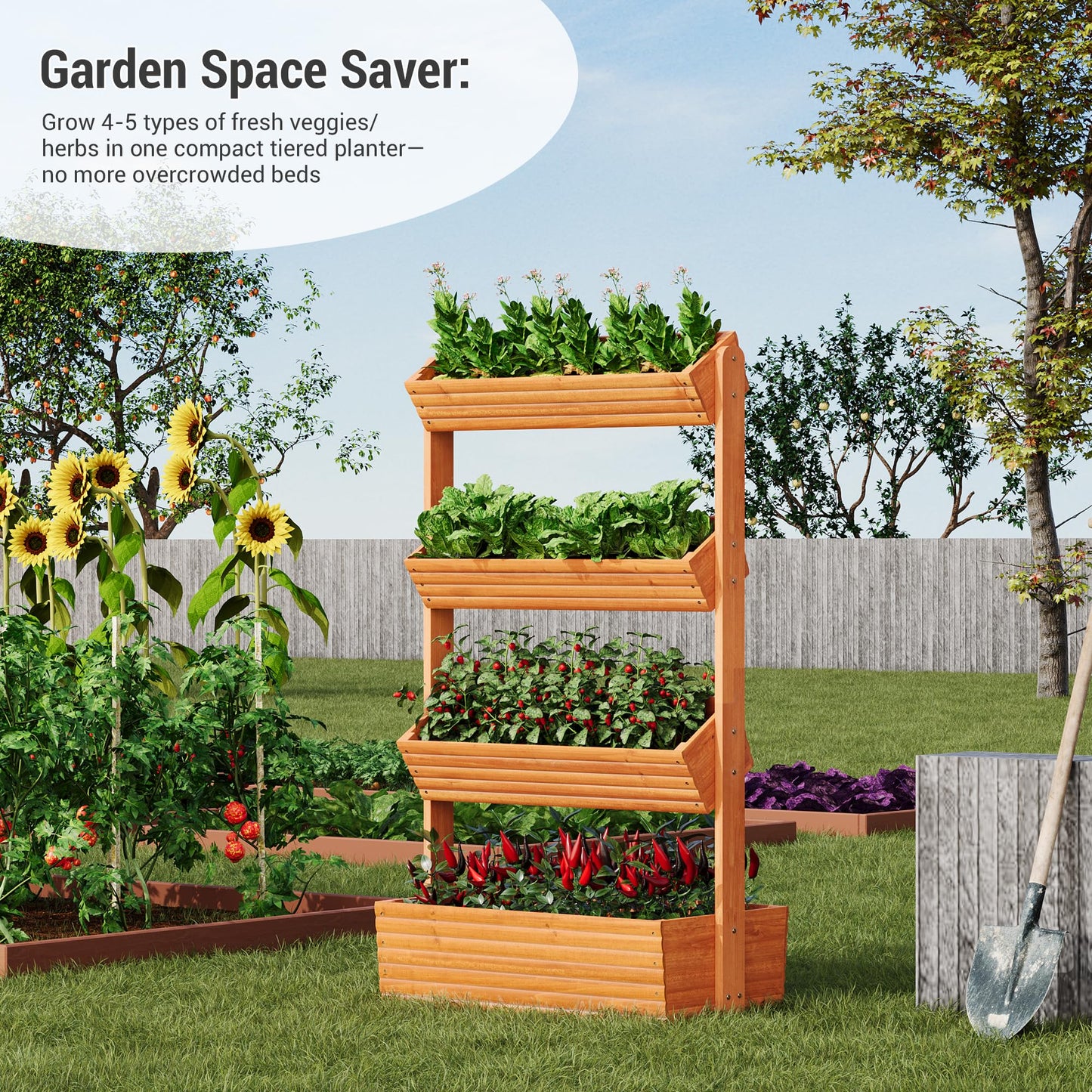 RHINEINMIST Vertical Wooden Raised Garden Bed Planters Wood Planter Kit Plant Stand Flower Rack Planter Box Gardening for Plants Herbs Flowers Vegetables Outdoor Indoor Freestanding (Orange 4-Tier)