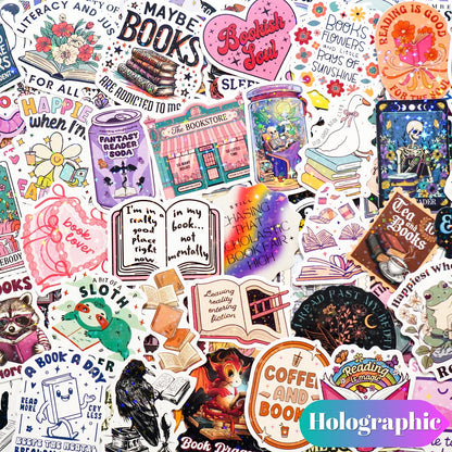 300 PCS Book Stickers for Kindle, Bookish Sticker Pack Reading Glitter Waterproof Vinyl Decals for Laptop, Ebook Readers, Water Bottles, Phone, Journal, Scrapbook, No Repeats (Holographic)