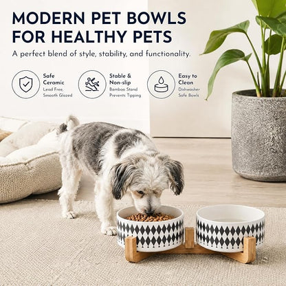 Petygooing Ceramic Dog Cat Bowl Set with Stand,Pet Food and Water Bowl,Small Dog Bowls Anti -Slip Set of 2 Cat Dishes Food Bowls Dish Small Size Pet (13.5OZ/5.1 in) Black Rhombus