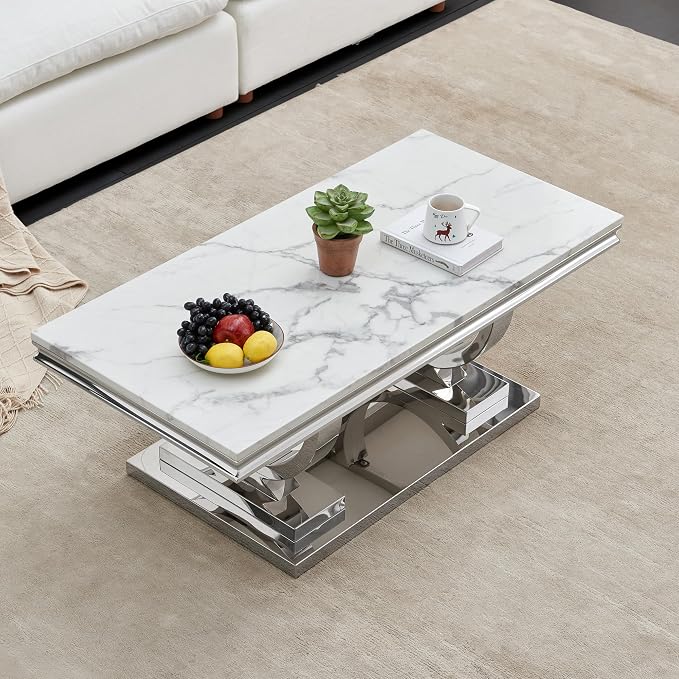 4 Piece Living Room Table Set Include 1 Faux Marble Coffee Table & 2 End Tables& 1 Console Table, Modern White Silver Coffee Table Set of 4 with Double O Shape Stainless Steel Pedestal Base