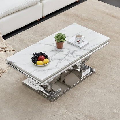 4 Piece Living Room Table Set Include 1 Faux Marble Coffee Table & 2 End Tables& 1 Console Table, Modern White Silver Coffee Table Set of 4 with Double O Shape Stainless Steel Pedestal Base