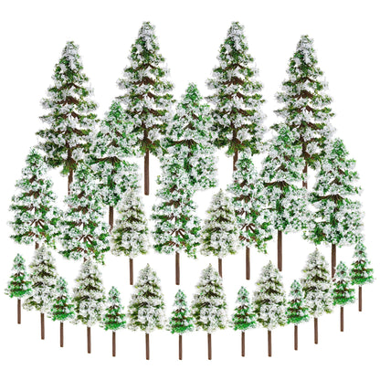 jiebor 28pcs Mini Christmas Trees Small Fake Miniature Snow Pine Model 2-5 Inch for DIY Village Train Railway Sand Table Buildings Architecture Diorama Garden Scenery Decor Supplies Green