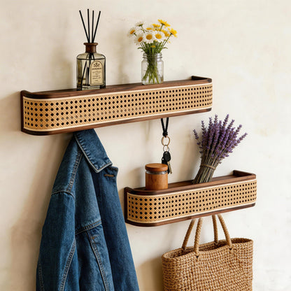 Shamgzuu Coat Rack wall Mount,Rattan Design with Shelf Hidden Hooks, Rustic Perchero De Pared, Entryway Hooks, Key Towel Dog Leashe Jacket Hanger Wall Mount, Walnut (9 Hook 32.28"*3.15"*3.94")