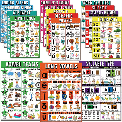 16 English Phonics Posters Language Arts Charts for Kids Toddler Learning Vowels Posters, Phonics Poster for Classroom, Digraphs and Blends Poster, Sound Wall Phonics Chart, Boho Classroom