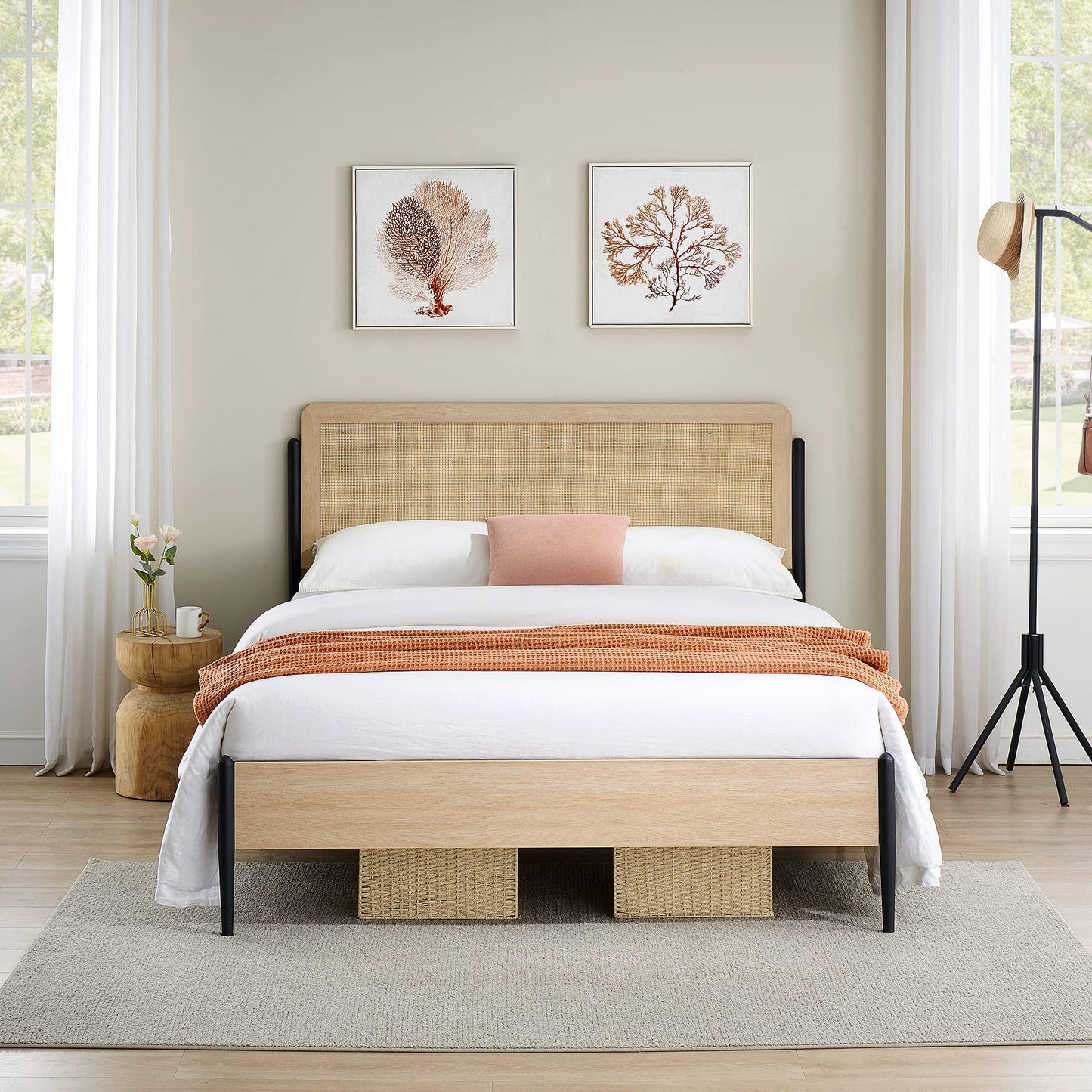 GAOMON Full Size Bed Frame with Natural Rattan Headboard and Wooden Footboard, Heavy Duty Metal Platform Bed Frame with Storage, Mattress Foundation Easy Assembly No Box Spring Needed, Rattan