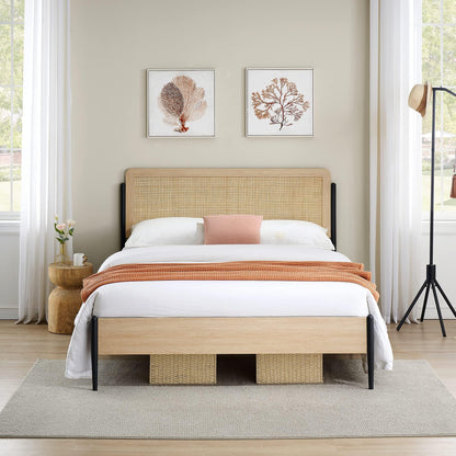 GAOMON Full Size Bed Frame with Natural Rattan Headboard and Wooden Footboard, Heavy Duty Metal Platform Bed Frame with Storage, Mattress Foundation Easy Assembly No Box Spring Needed, Rattan