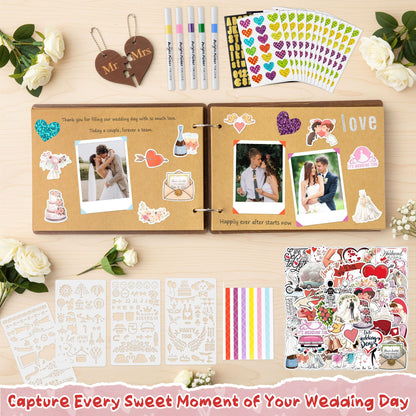 CY2SIDE Our Wedding Scrapbook Album - 111PCS DIY Wooden Memory Photo Book Craft Kit with Stickers Markers Stencils Photo Corner Mr & Mrs Ornament, Picture Journal Gift for Bridal Wedding Anniversary