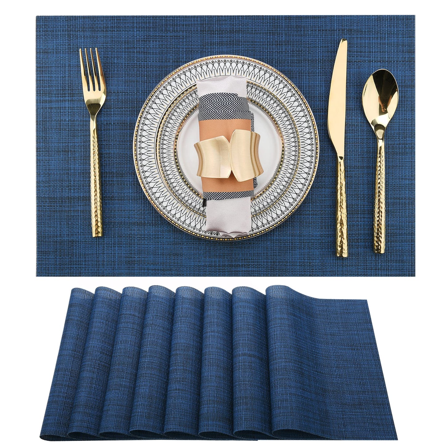 SLKQG Navy Blue Placemats Set of 8 - Easy Clean Washable Vinyl Placemats - Wipeable Heat Resistant Non-Slip Table Mats for Dining Table - 17x12 Inch (Navy Blue, 8)