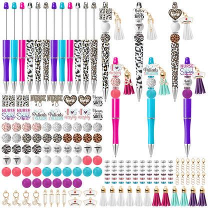 COcnny Nurse Beadable Pens for Women - 12 Set Nursing DIY Ballpoint Craft Making Kit with Bead Craft, Leopard Beaded Pen Bulk Charm Tassel Supplies for Nurse Week Hospital Appreciation Gift