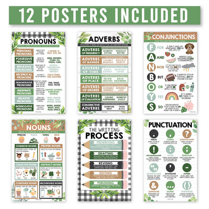 Parts of Speech Posters for Classroom Must Haves - 12 Grammar Posters, Writing Process for Homeschool, Elementary & Middle School, ELA 3rd 4th & 5th Grade Teacher Must Haves, Farmhouse Classroom Decor