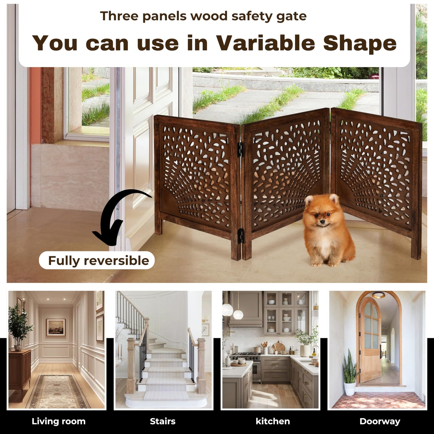 Dog Gate, Wooden, Free Standing, Pet, for the House, Decorative, Gates, Doorways, Foldable, 3 Panels, Fence, Extra Wide, 24" Heightx3Panels, Natural