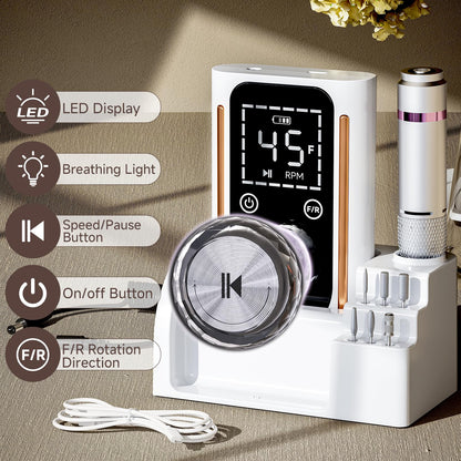 Nail Drill, Portable Electric Nail File 45000RPM, Rechargeable Nail Drill Professional with Bits & Base, for Acrylic Gel Nails, E-File Machine, Manicure Polishing, for Salon Home, White