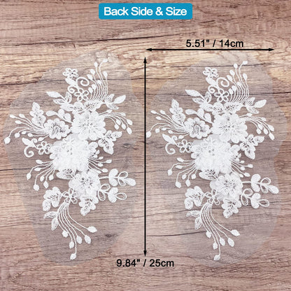 2Pcs Pearl Flower Embroidery Lace Patches 3D White Floral Embroidered Sew on Appliques for Wedding Dress Gown Headpiece Clothing Accessories Home Decoration Craft DIY