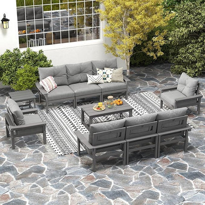 HDPE Outdoor Patio Furniture Set, 6-Piece Patio Conversation Sets with Coffee Table & Side Table & Grey Washable Thick Cushions, Outdoor Sofa for Balcony, Porch, Poolside (Grey Frame)
