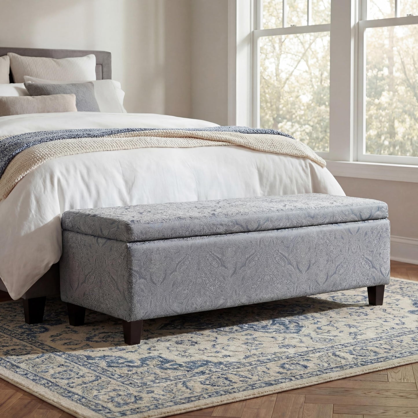 Christopher Knight Home Glouster Living Room Ottoman with Storage, Jacquard Upholstered Storage Ottoman Bench, Rectangular Sofa Foot Stool, Bedroom End of Bed Bench, Shoe Organizer, Antique Blue
