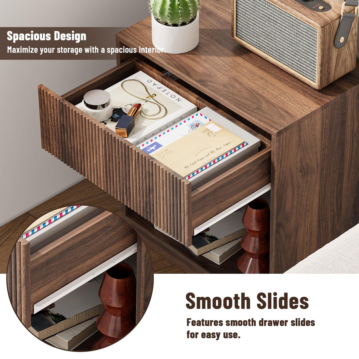 Fluted Nightstands Set of 2, Modern Bedside Table with Storage Drawer and Open Wood Shelf, Wood End Table Mid Century Night Stands for Bedroom Living Room Sofa Couch Office Walnut Brown