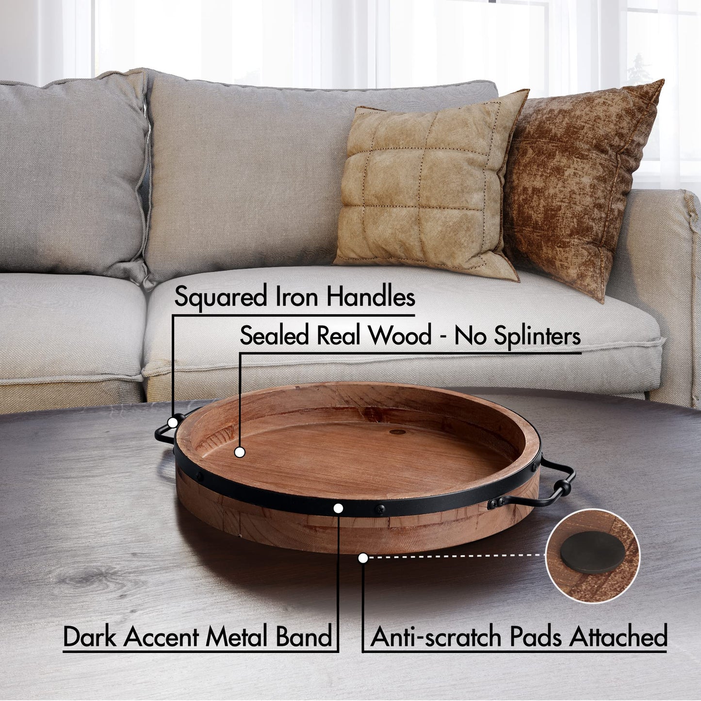Round Coffee Table Tray - 13.2'' Farmhouse Wood Serving Tray with Metal Handles - Round Decorative Trays for Coffee Table - Wooden Circle Trays for Kitchen Counter