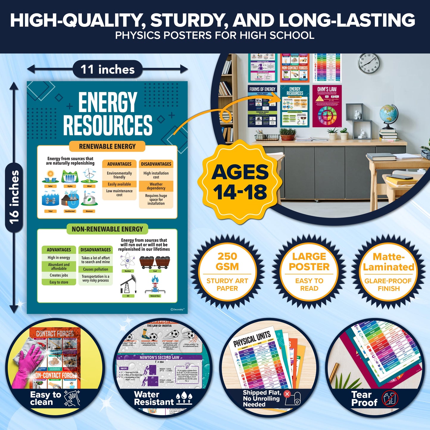 Decorably 16 Physics Posters for Classroom, 11x16in Matte-Laminated Educational Physics Classroom Posters - School Hallways, Bulletin Boards, Education Centers, Home Study Room