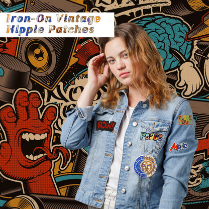 Ferraycle 48 Pcs Iron On Patches Hippie Embroidered Patches Random Assorted Styles Kit Aesthetic Repair Appliques for Sewing DIY Jacket Hat Clothing Backpack Jean 1970s Party