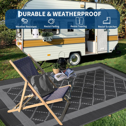 GAOMON Patio Rug 9x18 Waterproof Outdoor Plastic Straw Rug Reversible Camping Mat, Foldable Portable RV Picnic Carpet with Bag & 4 Stakes, UV Resistant Outside Carpet for Deck Balcony, Black&Grey