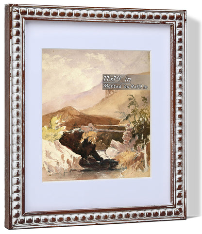 Gdfmsc 11x14 Rustic Picture Frame with Mat for 8x10, Decorative Distressed Beaded Wooden Real Glass, Vertical or Horizontal Display Photo Gallery Wall & Tabletop Frame, White Washed Brown
