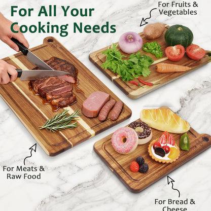 3 Pack Cutting Board Set, Acacia Wood Cutting Boards for Kitchen, Chopping Board with Deep Juice Grooves & Built-in Handle, Charcuterie & Chopping for Meat, Vegetables and Cheese