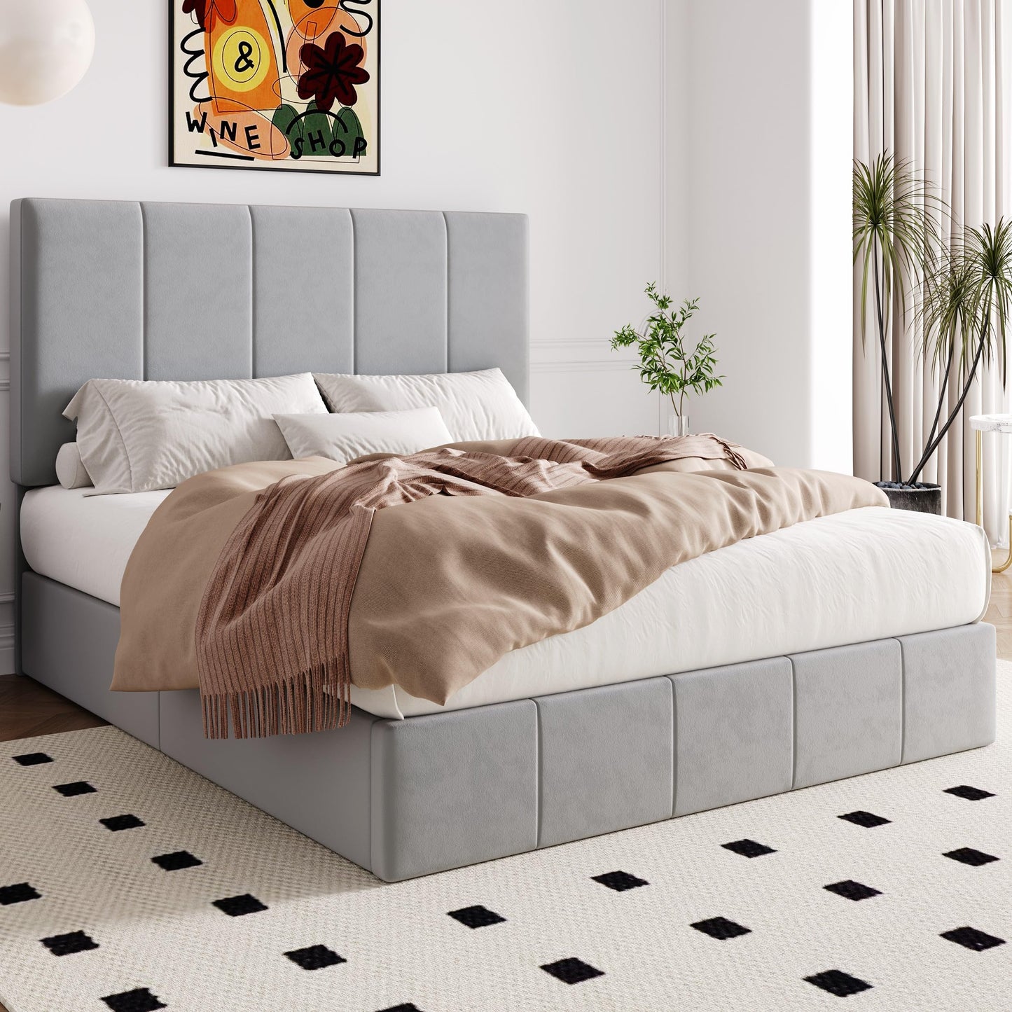 Allewie Queen Size Velvet Lift Up Storage Bed Frame, Vertical Channel Tufted Headboard, Hydrualic Underneath Storage, Upholstered Platform Bed, Wooden Slats Support, No Box Spring Needed, Gray