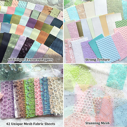 Flartmo 102 Unique Textured Scrapbook Papers and Mesh Fabric Sheets(17 Designs × 6 Colors), Handmade Craft paper for Scrapbooking, Junk Journal, Card Making Supplies, Planner, Collage (5.9" x 3.9")