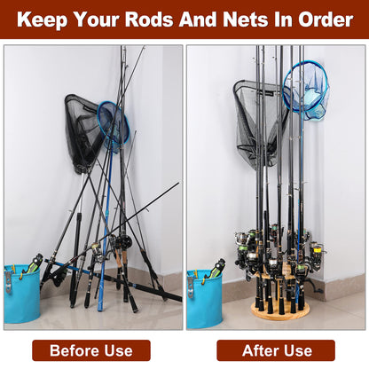 PLUSINNO 2PACK V12 Fishing Rod Holders for Garage, Vertical Fishing Pole Holders Wooden Round Floor Stand, Fishing Rod Rack Holds up to 24 Rods or Fishing Nets Storage Organizer Racks
