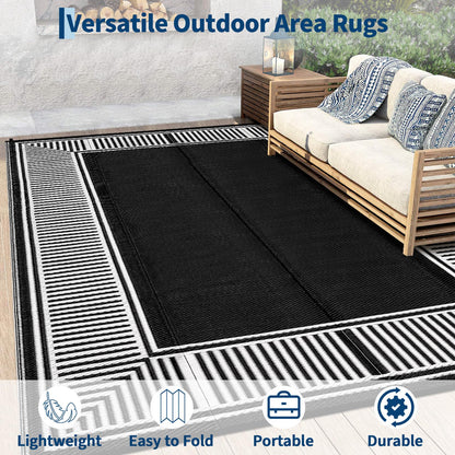 Garvee 9x12 Outdoor Rug for Patio Plastic Straw Rug Waterproof Reversible Mat Lightweight Foldable Carpet Easy Clean Large Rugs for Patio Porch Backyard Camping RV Beach Balcony Deck Border Black
