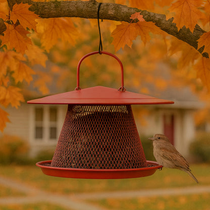 Perky-Pet Red Cardinal Wild Bird Feeder - 2.5 lb Seed Capacity, Holds Up to 15 Birds Simultaneously, Metal Hanging Feeder for Outdoors, Collapsible Mesh Design, Built-In Hook & Circular Tray, C00322