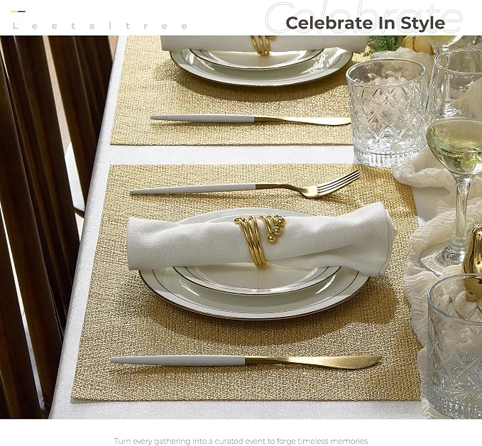 Leetaltree Gold Placemats Set of 6 - Heat Resistant Non-Slip Place mats for Dining Table, Washable Durable PVC Vinyl Woven Table Mats(Luxury Gold, 6)