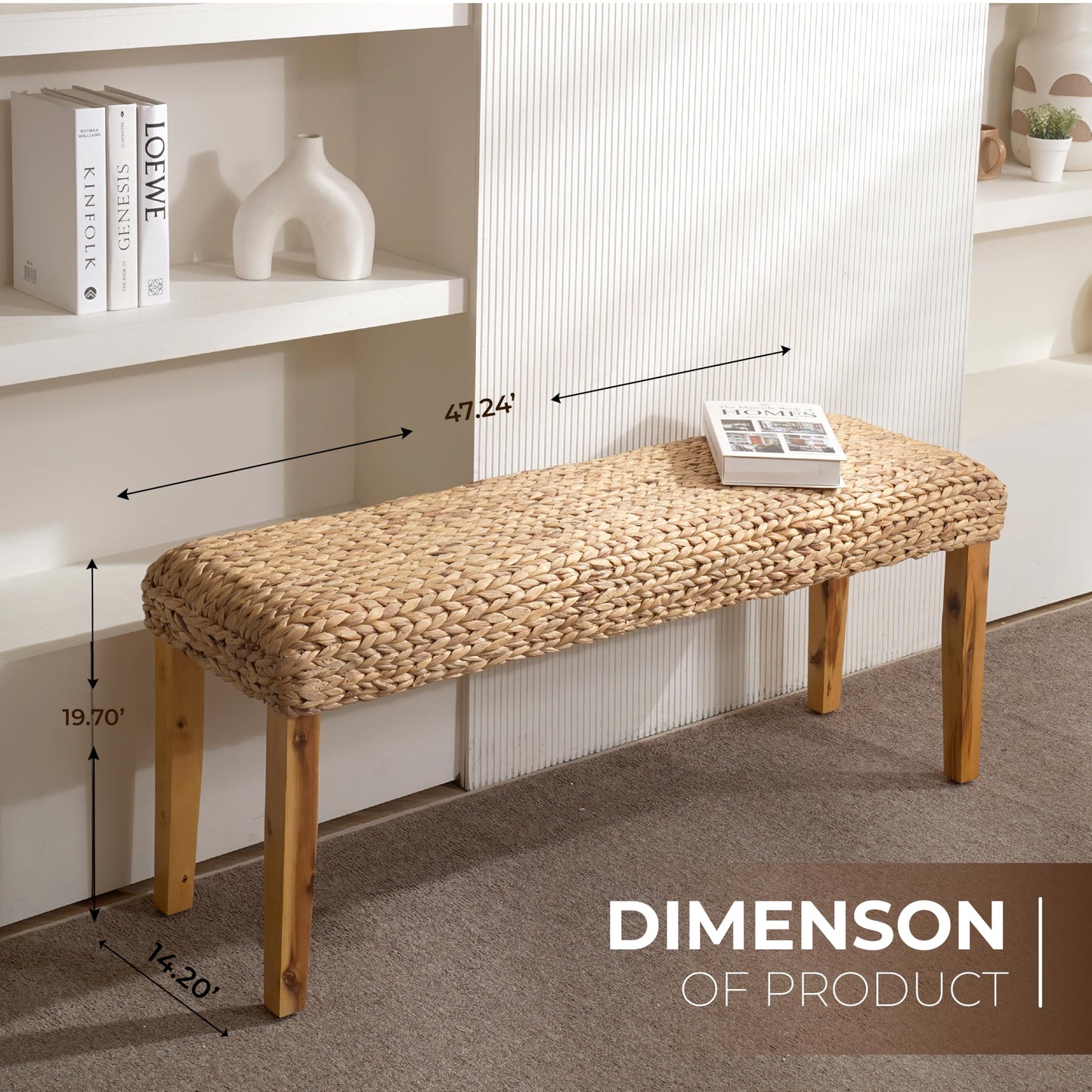 Solid Wood Acacia Indoor Bench with Natural Woven Seat, 47 Inch Wood Bench for Living Room or Entryway Bench, Bedroom End of Bed Bench or Dining Benches, Window Bench (Fishbone, Water Hyacinth)