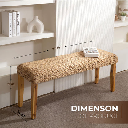 Solid Wood Acacia Indoor Bench with Natural Woven Seat, 47 Inch Wood Bench for Living Room or Entryway Bench, Bedroom End of Bed Bench or Dining Benches, Window Bench (Fishbone, Water Hyacinth)