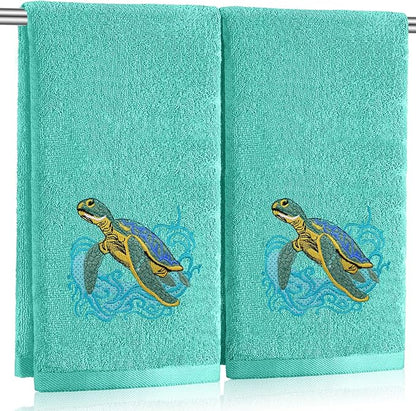 2 Pcs Sea Turtle Hand Towels Teal Bathroom Decor 14x29 Inch Embroidered 100%