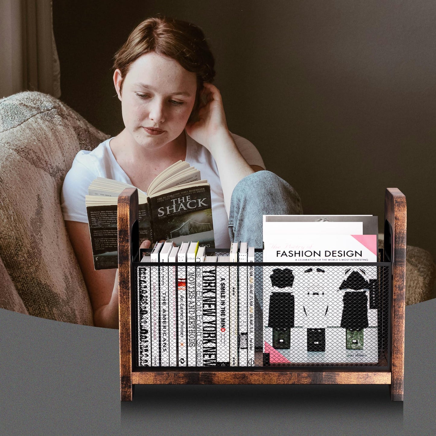 ASIFMTHOT Wood Magazine Holder & Rack - Retro Brown Mesh Storage Basket for Books, Newspapers, Files - Desk/Floor Organizer