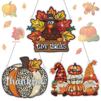 Yousoontic 3 Pcs Fall Door Decorations DIY Thanksgiving Diamond Painting Hanging Sign Thanksgiving Day Door Hanger Set Diamond Art Welcome Sign for Home Wall Front Party Supplies