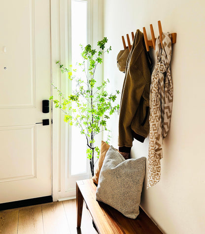 Flynt Ave. Wooden Wall Hook Rack with 7 Hooks, Solid Natural Wood Coat Rack, Mid-Century Modern Boho Wall Mounted Organizer, Heavy-Duty Entryway Storage, Heavy-Duty 22 lb Capacity