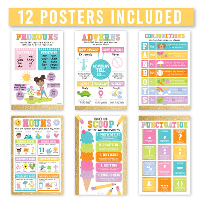 Parts of Speech Posters for Classroom Must Haves -12 Grammar Posters, Writing Process for Homeschool, Elementary & Middle School, ELA 3rd 4th & 5th Grade Teacher Must Haves, Gold Classroom Decor