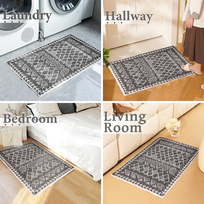 Tititex Luxury Dark Grey White Bohemian Runner Rug, 20x32 inch Extra Soft Microfiber Area Rugs, Non-Slip Plush Shaggy Boho Bedside Carpet, Mats for Bedroom Floor, Laundry and Doorway