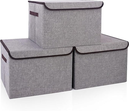 Bagnizer Large 17" 42 Quarts Collapsible Stackable Storage Bins with Lids [3-Pack] Foldable Fabric Linen Storage Boxes Cube, Closet Organizer Baskets with Label for Home (16.7 x 12 x 12, Gray)