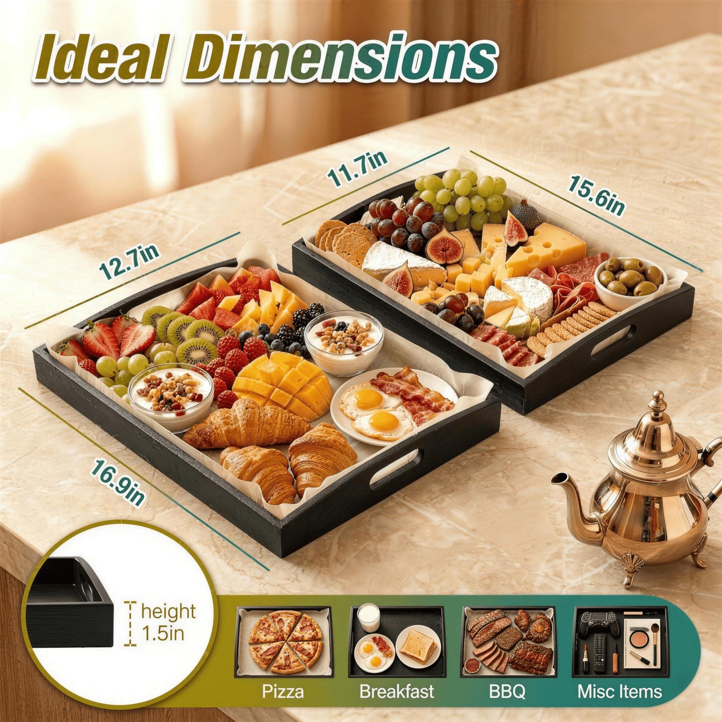 Bamboo Serving Tray with Handles, Set of 2, Wooden Serving Trays for Ottoman, Coffee Tray, Large Serving Tray with Flat Handles, Black Wood Tray for Living Room