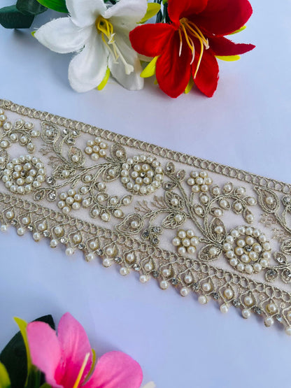 Luxury Pearl Embellished Lace Trim, 3 Inch Wide, Beaded Floral Pattern, Champagne Gold with Faux Pearls, Wedding Dress Decoration, Available in 1, 3 and 6 Yard (1)