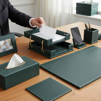 RitPin Leather Desk Set, 15-Piece Leather Desk Organizer, Executive Desk Organizer with Desk Pad & Blotter, 2-Tier Tray, Pen Holder, Office Accessories, Executive Desk Accessories(Green)