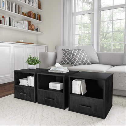 Lavish Home End Stackable Contemporary Minimalist Modular Cube Accent Table with Drawer for Bedroom, Living Room or Office, 16.25 x 15.75 x 15.75 in, Black