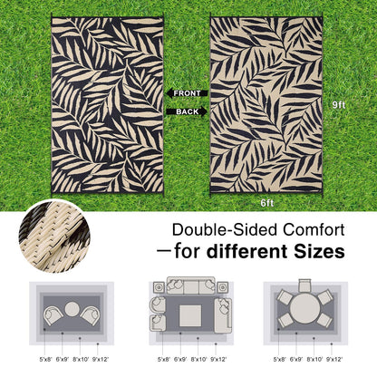 OLANLY Waterproof Outdoor Rug 6x9 ft, Reversible Outdoor Plastic Straw Rug with Leaf Pattern, RV Mat, Indoor Outdoor Carpet for Patio, Camping, Balcony, Deck, Backyard, Black & Beige